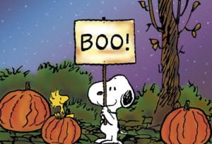 Snoopy with a Boo! sign.